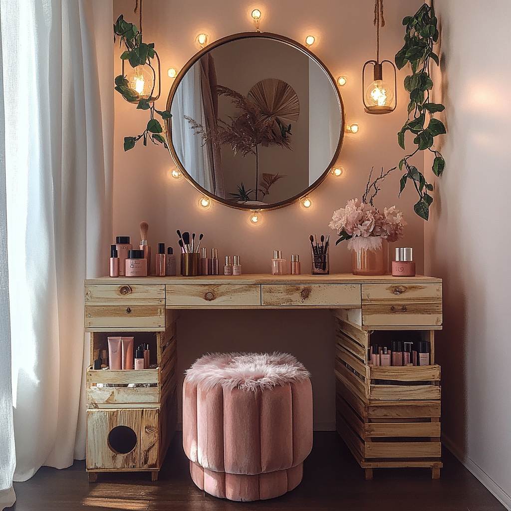 Unique and Creative DIY Makeup Vanity Using Crates and Pallets: A Modern Rustic Bohemian Project