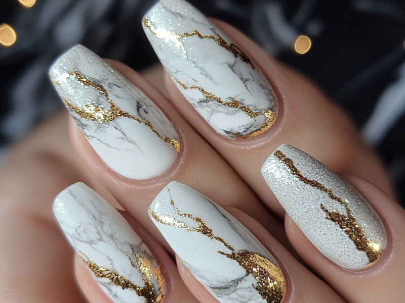Elegant White and Glittery Gold Marble Nails: A Touch of Luxe