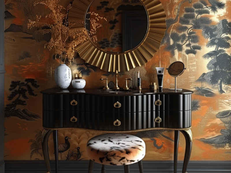 Create Your Dream Beauty Station: Elegant Black and Gold Vanity with Bold Accent Wall – Perfect Makeup Setup for Every Woman